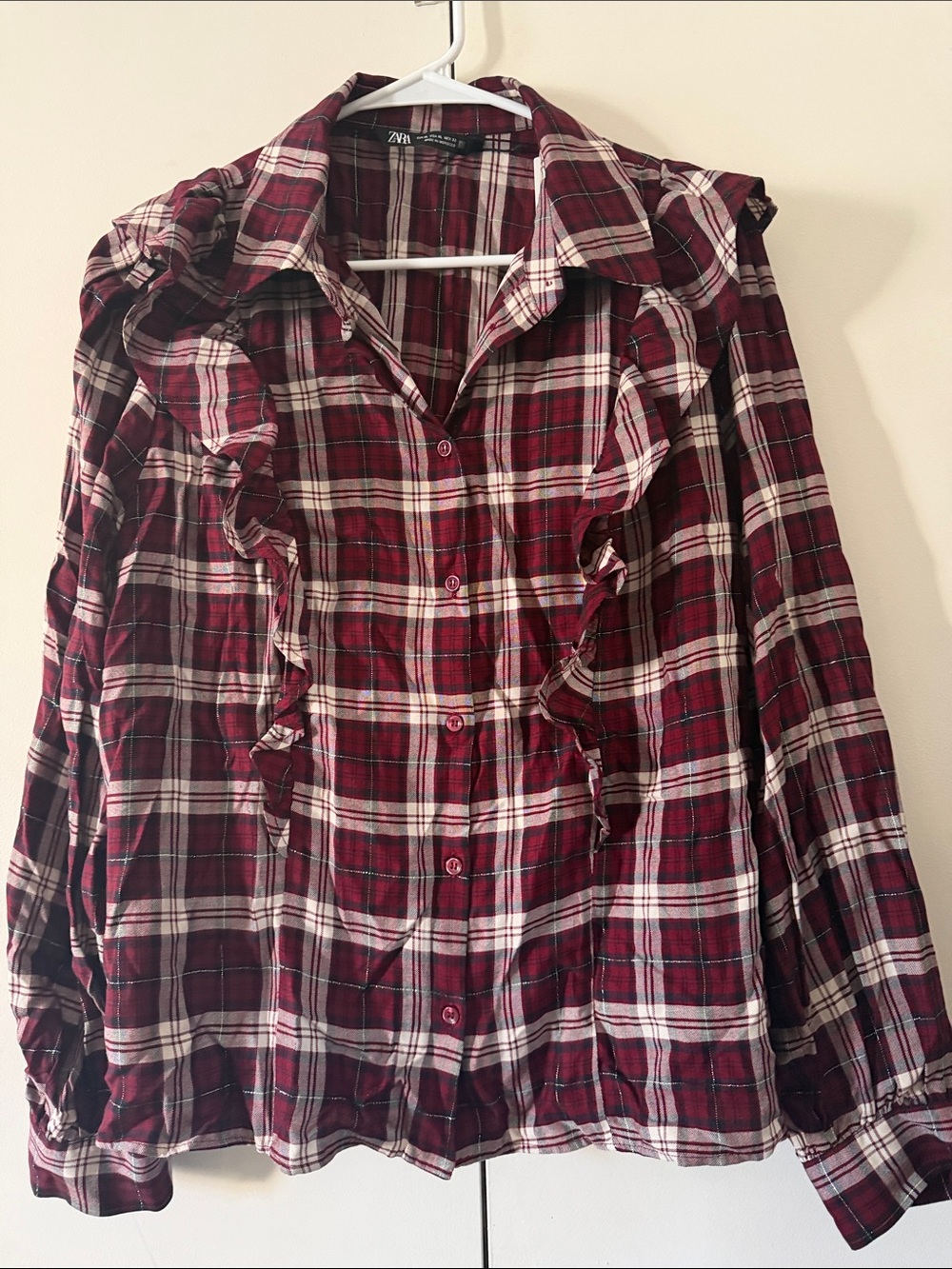 Zara Burgundy and White Plaid Ruffle Button-Down Shirt
